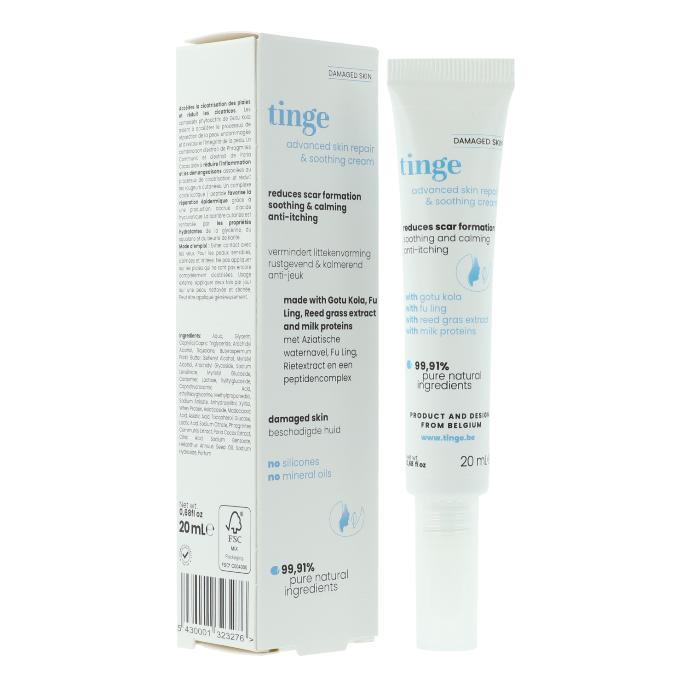 tinge advanced skin repair & soothing cream tube on a white background