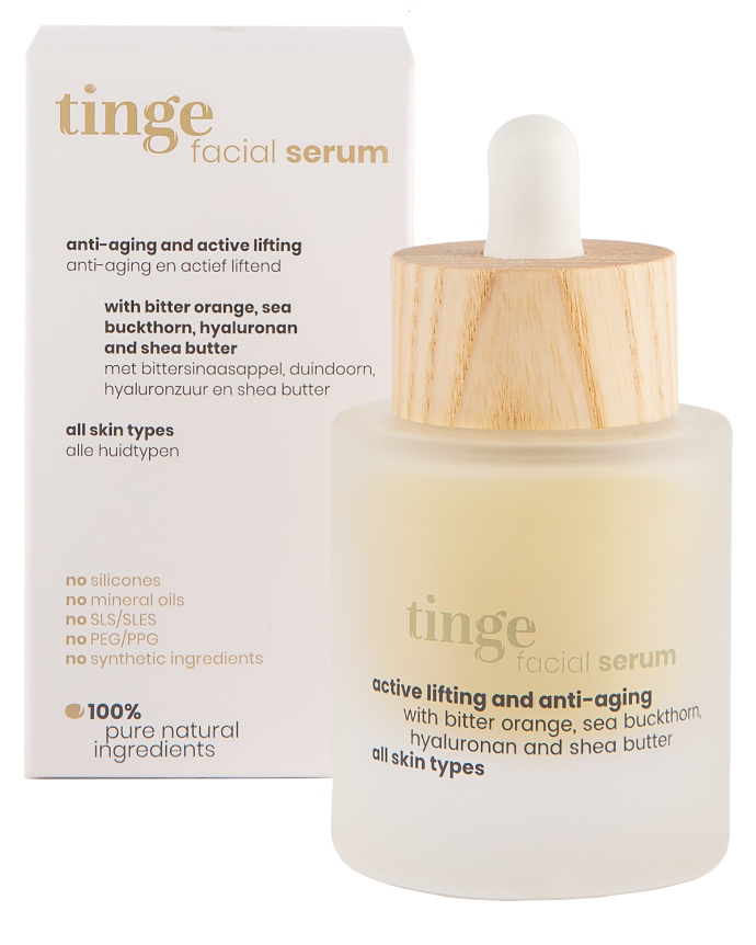 tinge facial serum bottle and packaging on a white background