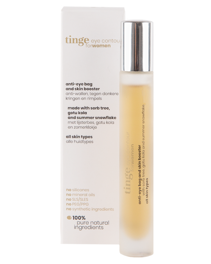 tinge eye contour for women bottle and packaging on a white background
