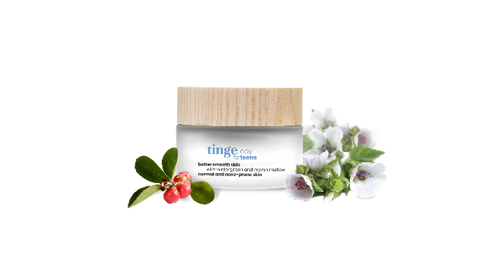 tinge daycream for teens with pyrola and marsh mallow on a white background