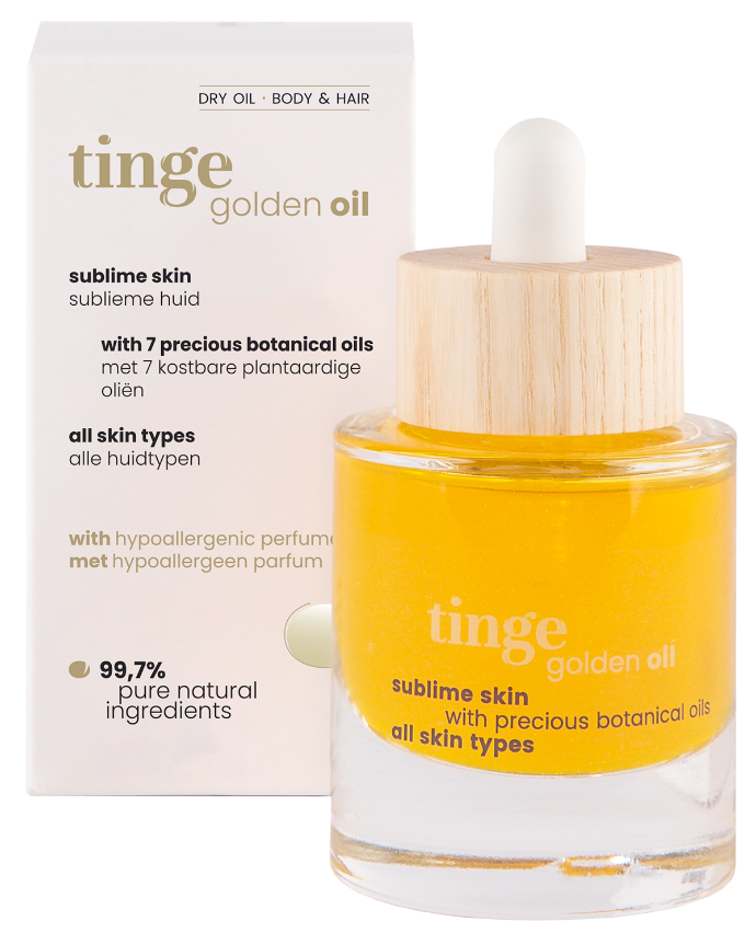 tinge golden oil tinge golden oil bottle with packaging on a white background