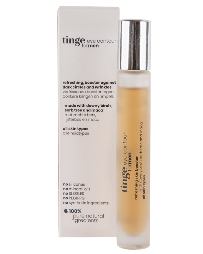 tinge eye contour for men bottle and packaging on a white background