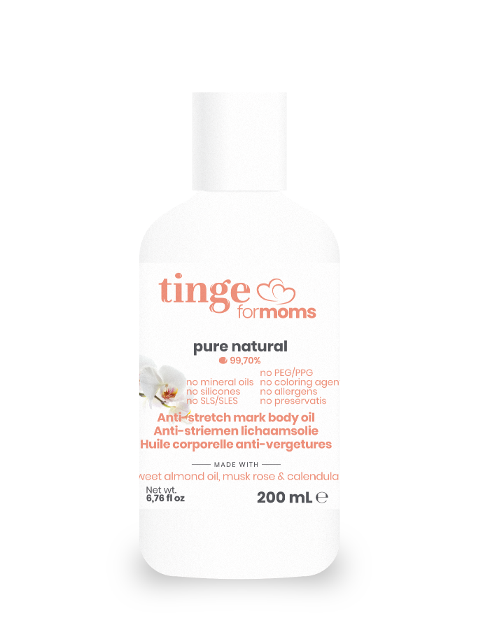 tinge anti-stretch mark body oil for moms bottle on a white background