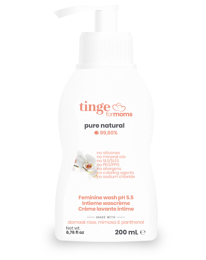 tinge feminine wash for moms bottle on a white background