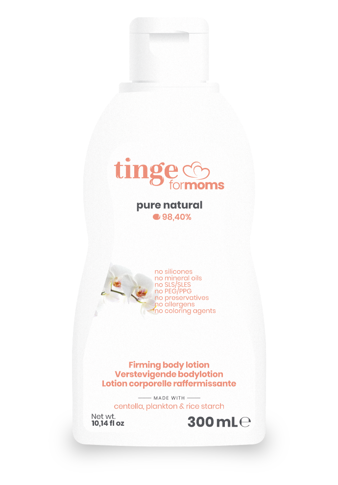 tinge firming body lotion for moms bottle on a white background