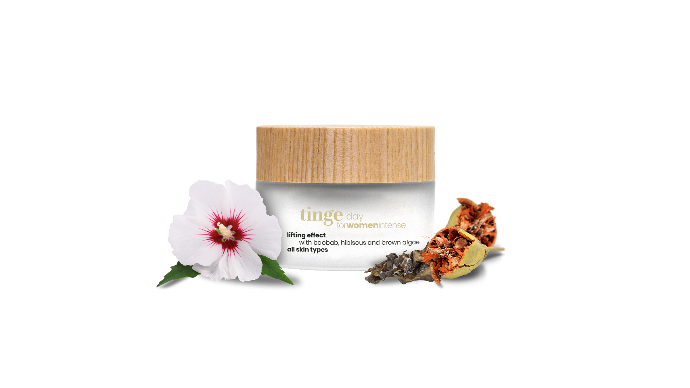 tinge intense daycream for women tinge intense daycream for women with hibiscus and browne algae on a white background
