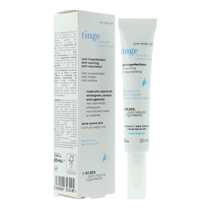 tinge acne spot correction gel tinge acne spot correction gel tube and packing on a white background