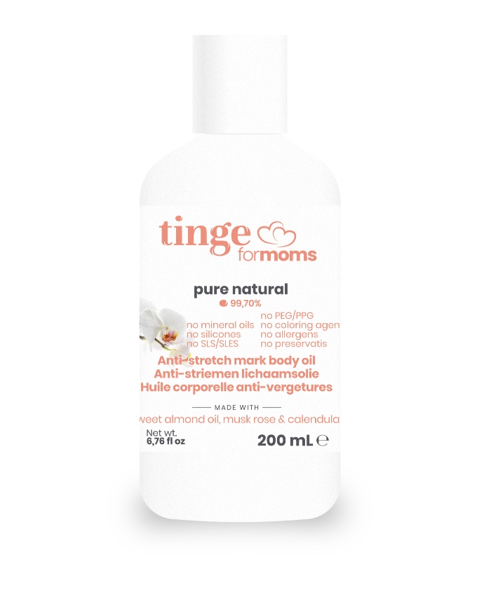 tinge anti-stretch mark body oil for moms bottle on a white background