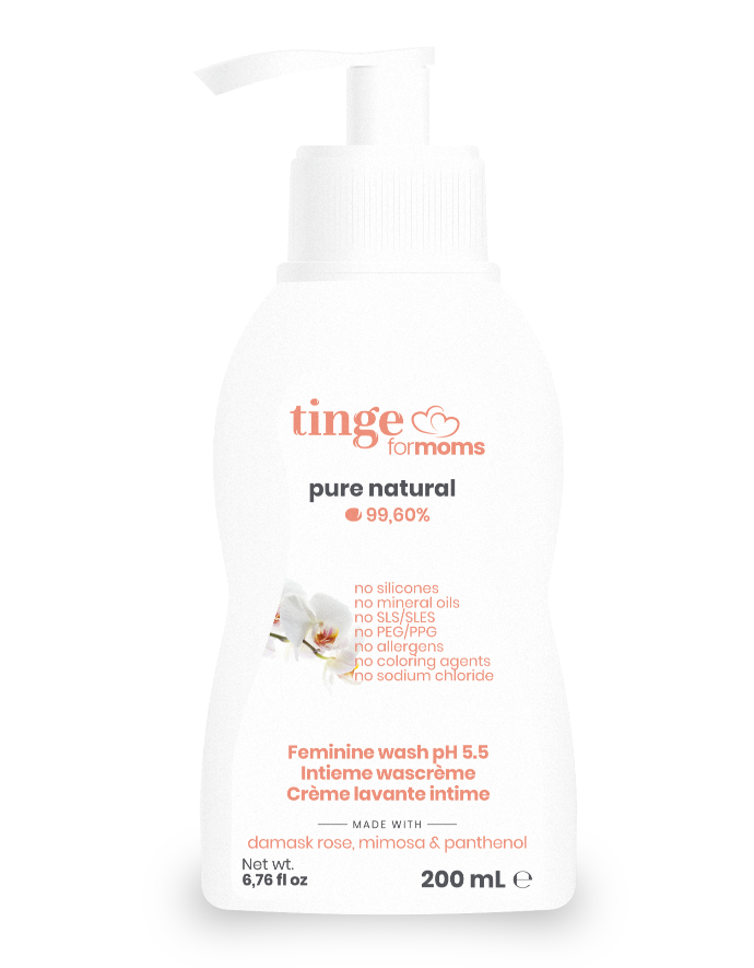 tinge feminine wash for moms bottle on a white background