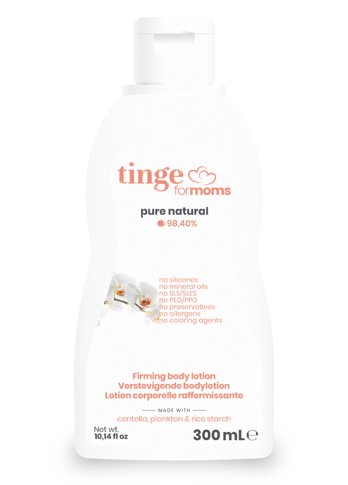 tinge firming body lotion for moms bottle on a white background