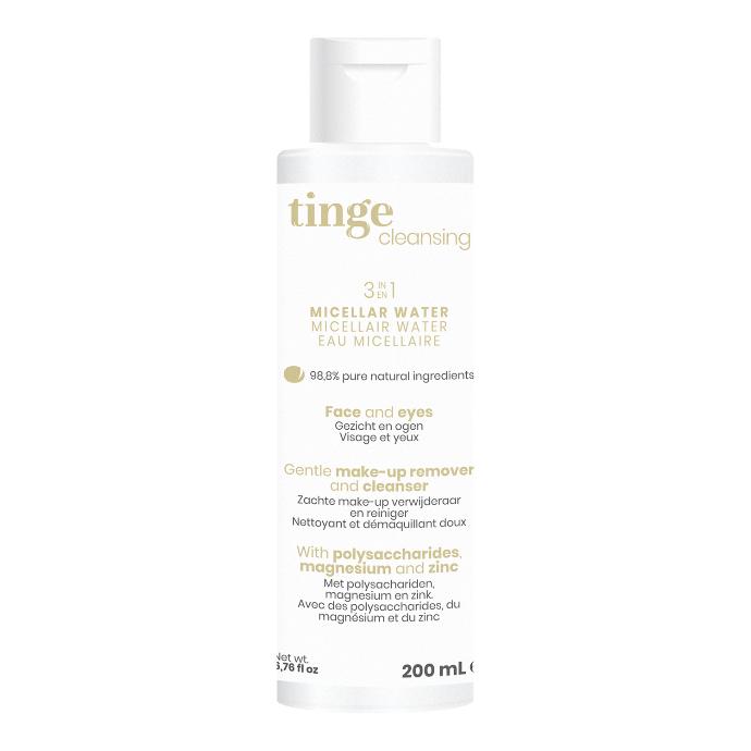tinge micellar water bottle in front of a white background